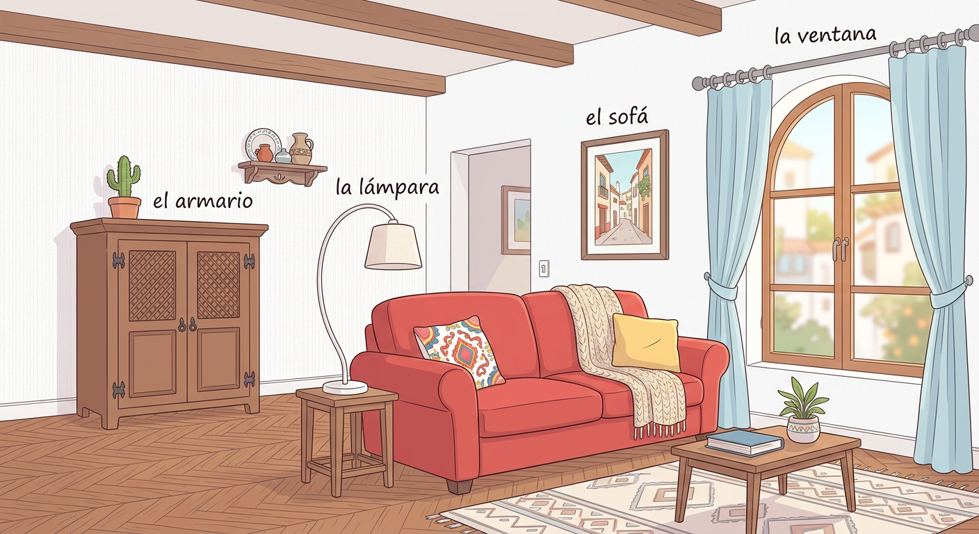 El salón: sofá, lámpara, armario